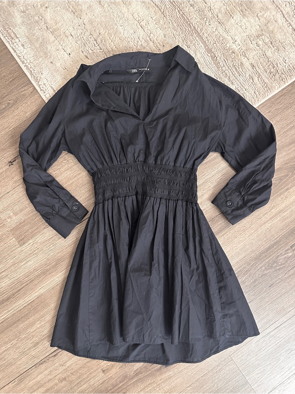 Zara dress Black Smocked-Waist Shirt Dress